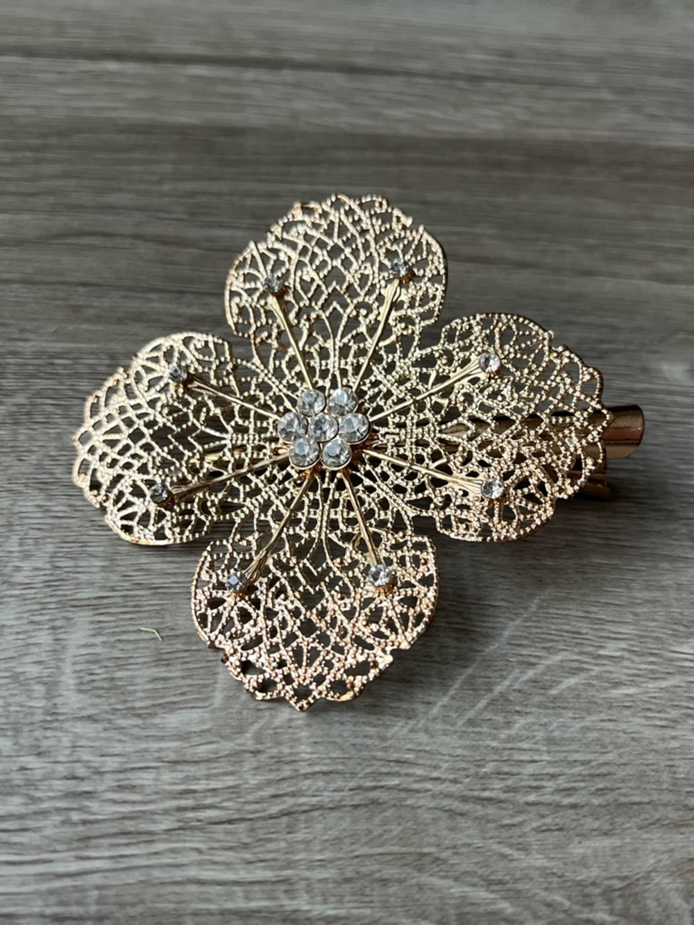 Gold Filigree Floral Hair Clip with Rhinestone Center